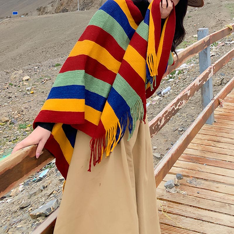Knitted Striped Tassel Pullover Meditation Shawl Wrap