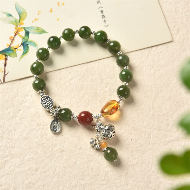 925 Sterling Silver Hetian Cyan Jade Gourd and Amber Harmony Bracelet