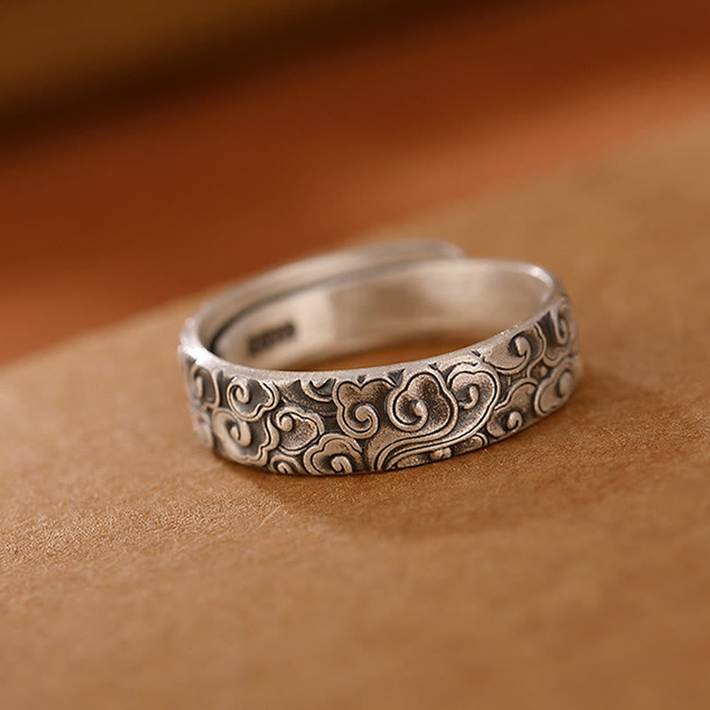 999 Sterling Silver Lotus Flower Plum Blossom Auspicious Clouds Engraved Enlightenment Ring