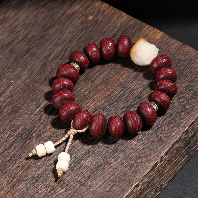 Tibet Bodhi Seed and Agate Dzi Bead Wrist Mala with Guardian Lion