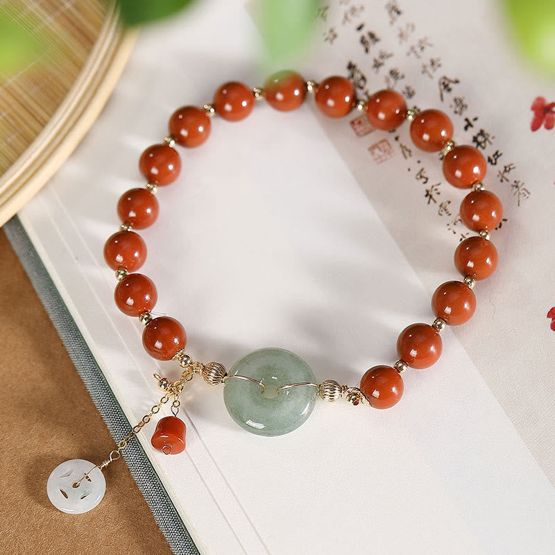 14k Gold Filled Jade & Red Agate Ping An Kou Wu Lou Chinese Coin Charm Bracelet