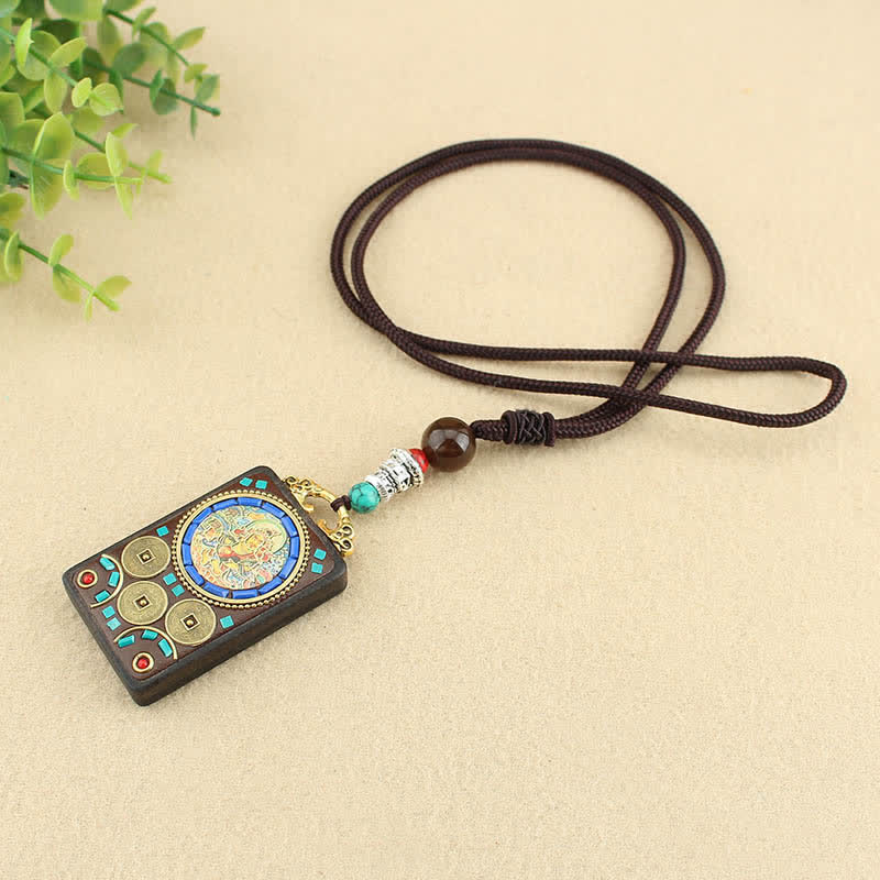Tibet God of Wealth Thangka Ebony Peace Necklace Pendant