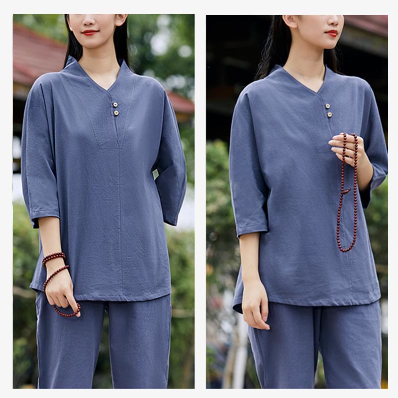 2Pcs Shirt Top Pants Meditation Zen Tai Chi Cotton Linen Clothing Women's Set