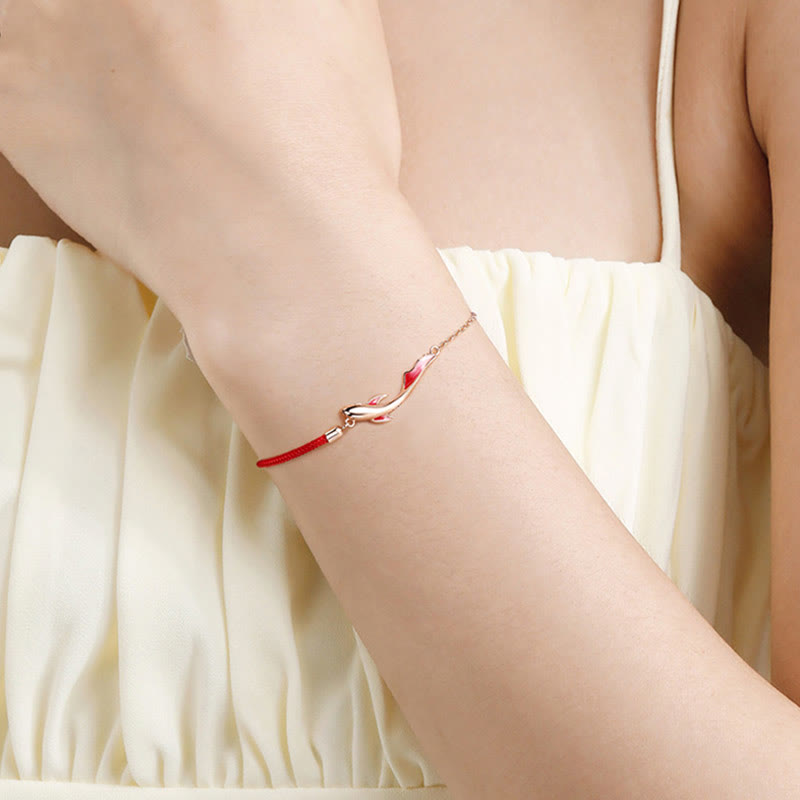 925 Sterling Silver Luck Koi Fish Lotus Star Braided Red String Bracelet