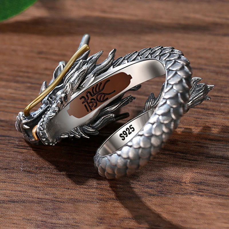 925 Sterling Silver Vintage Dragon Design Protection Strength Adjustable Ring