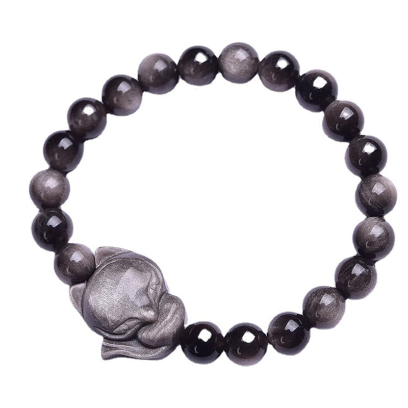Natural Silver Sheen Obsidian Hand-Carved Fox Beaded Elastic Bracelet