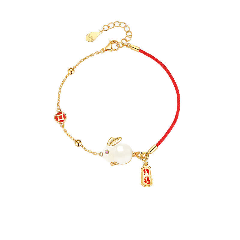 Year of the Rabbit White Jade Happiness Red String Chain Bracelet