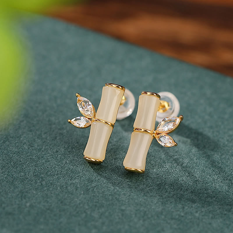 Gold Plated 925 Sterling Silver Bamboo Pattern Jade and Agate Stud Earrings