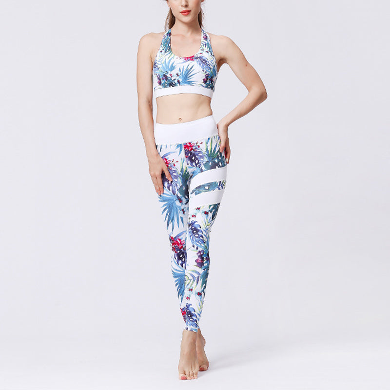 2Pcs Sunflower Flowers Leaves Print Top Pants Sports Fitness Yoga Women's Yoga Sets