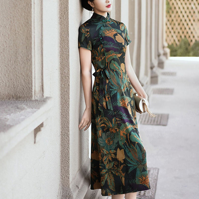 Silk Qipao Dress Retro Flower Leaf Pattern Women's Cheongsam Dress