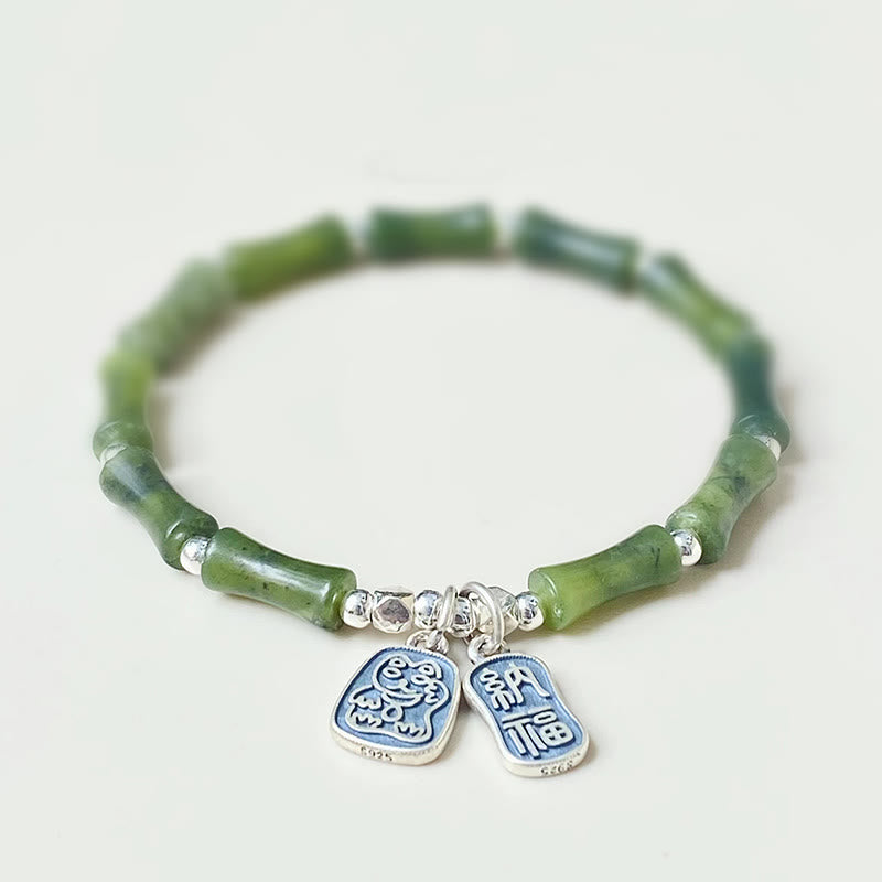 925 Sterling Silver Bamboo Jade Lucky Cat Fu Character Luck Abundance Bracelet