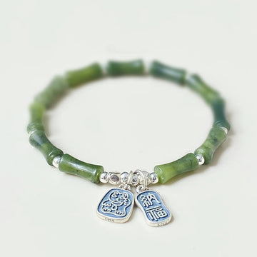 925 Sterling Silver Bamboo Jade Lucky Cat Fu Character Luck Abundance Bracelet