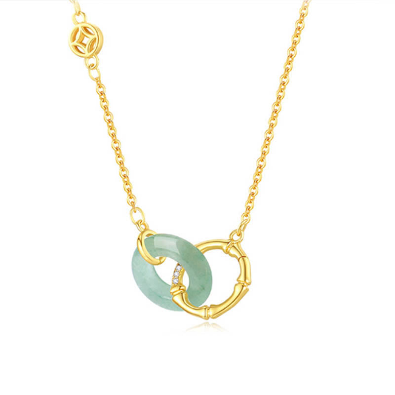 Green Aventurine and Sterling Silver Bamboo Ping An Kou Peace Buckle Pendant Necklace