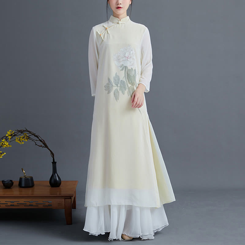 2Pcs Peony Flower Cheongsam Midi Dress Skirt Chiffon Zen Clothing Women's Set