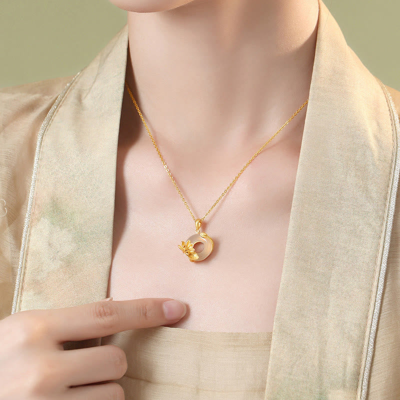 Natural White Chalcedony Peace Buckle Lotus Pendant S925 Sterling Silver Necklace