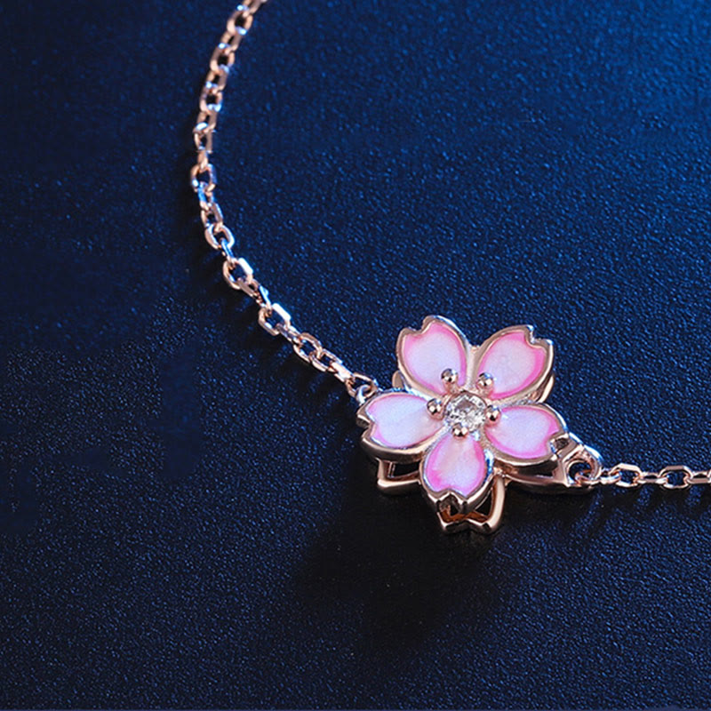 925 Sterling Silver Cherry Blossom Blessing Chain Bracelet Rotatable Ring