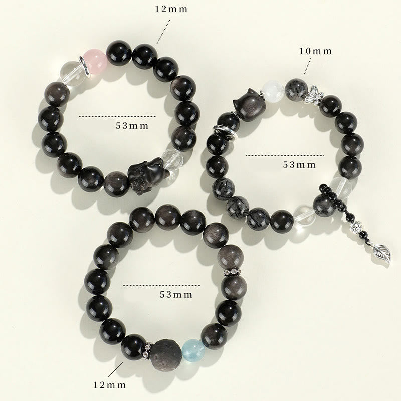 Natural Silver Sheen Obsidian Charm Bracelet with Rose Quartz, Aquamarine, Black & Clear Quartz