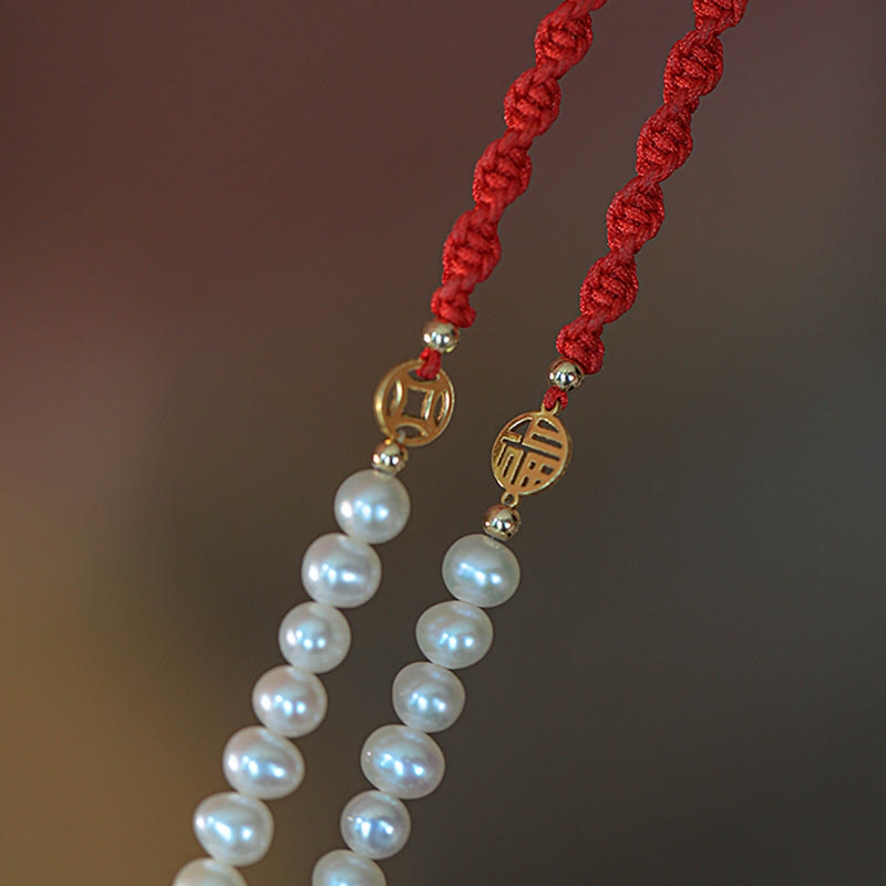 14K Gold Plated Pearl and Prosperity Symbol Braided Red String Bracelet