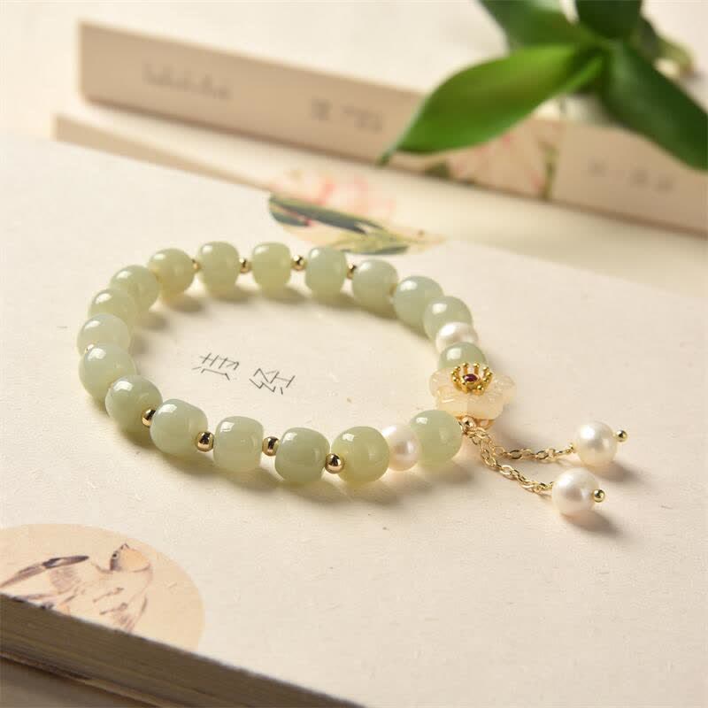 Handcrafted Hetian Jade and Pearl Flower Bracelet for Emotional Balance