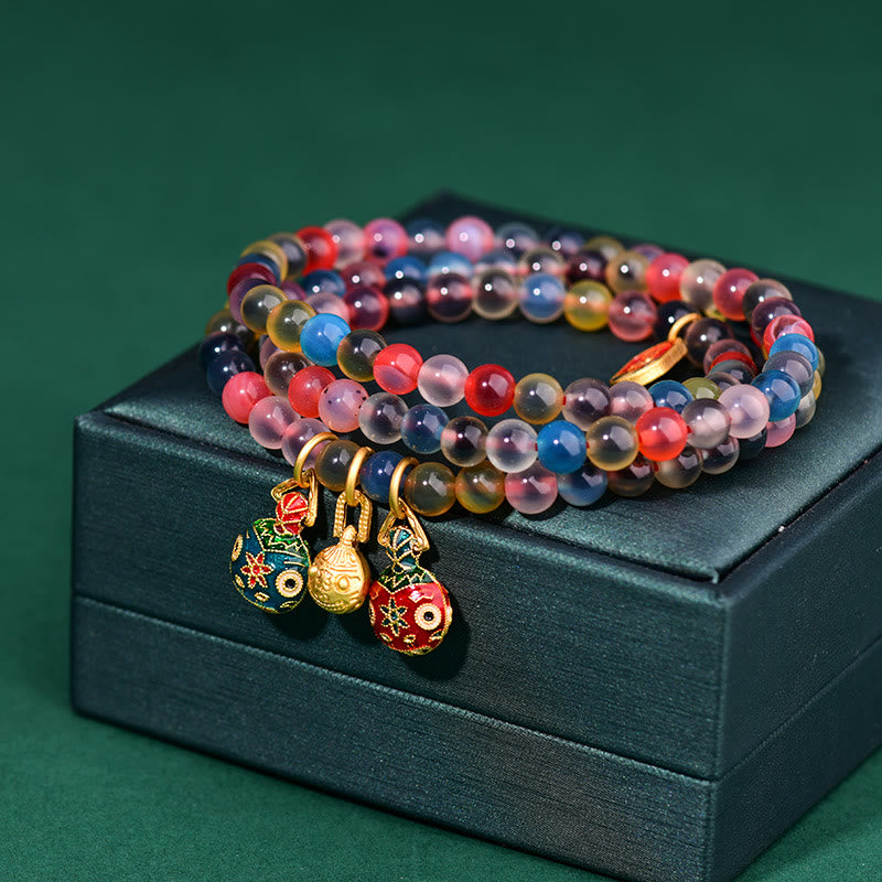 Colorful Candy Agate Gold Swallowing Beast Family Strength Charm Triple Wrap Bracelet
