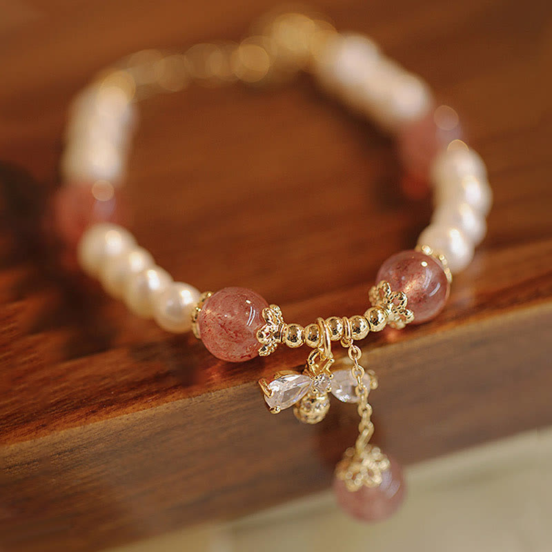 Natural Pearl Strawberry Quartz Healing Cute Honey Bee Charm Bracelet