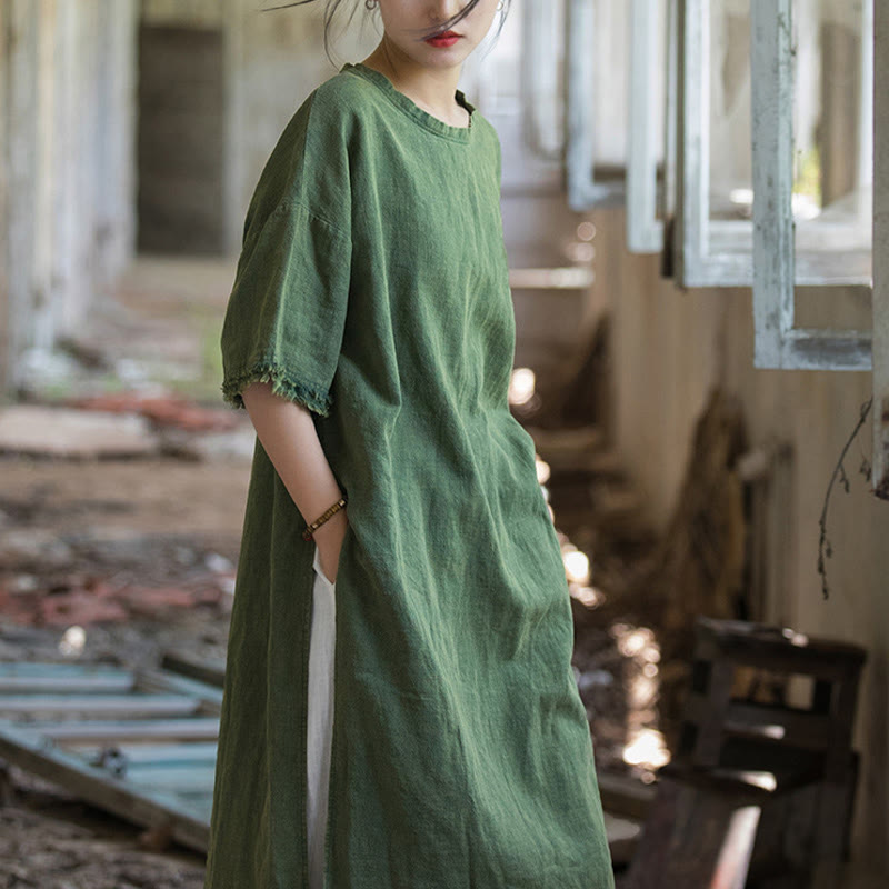 Mid Length Dress Ramie Linen Half Sleeve Split Hem Top T-Shirt