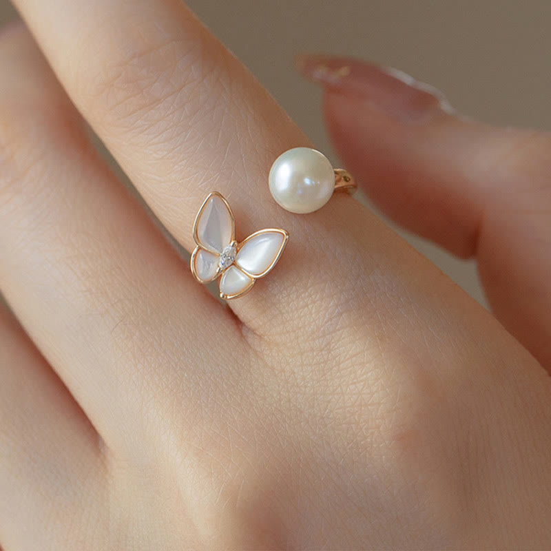 14K Gold Plated Copper Pearl Tridacna Stone Butterfly Blessing Ring Bracelet Necklace Pendant Earrings Set