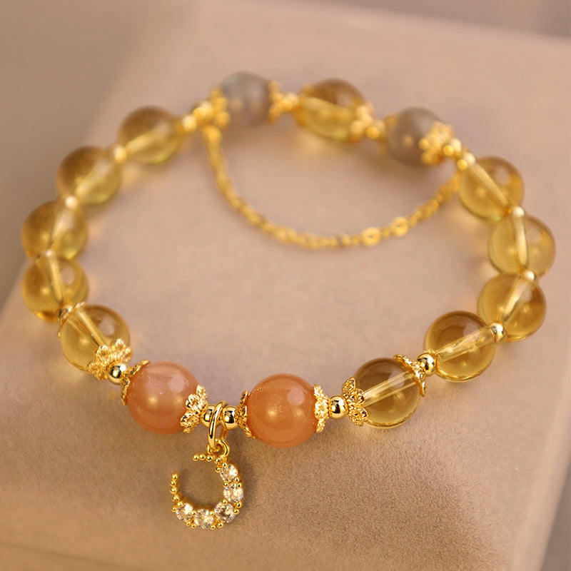 Citrine Moonstone Sunstone Celestial Moon Charm Gemstone Bracelet