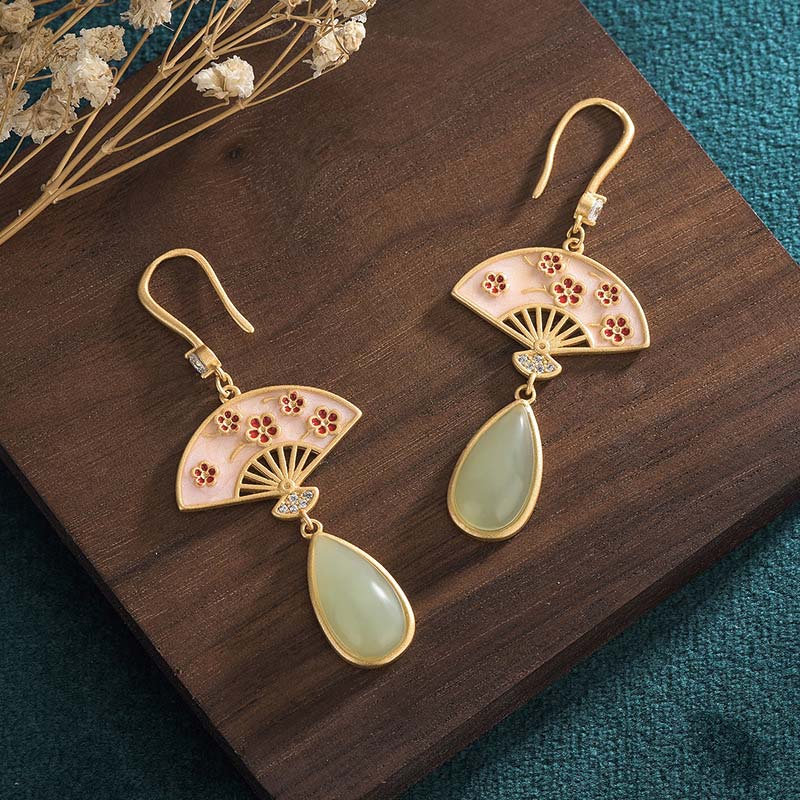 Natural Green Aventurine Fan Pattern Luck Drop Earrings