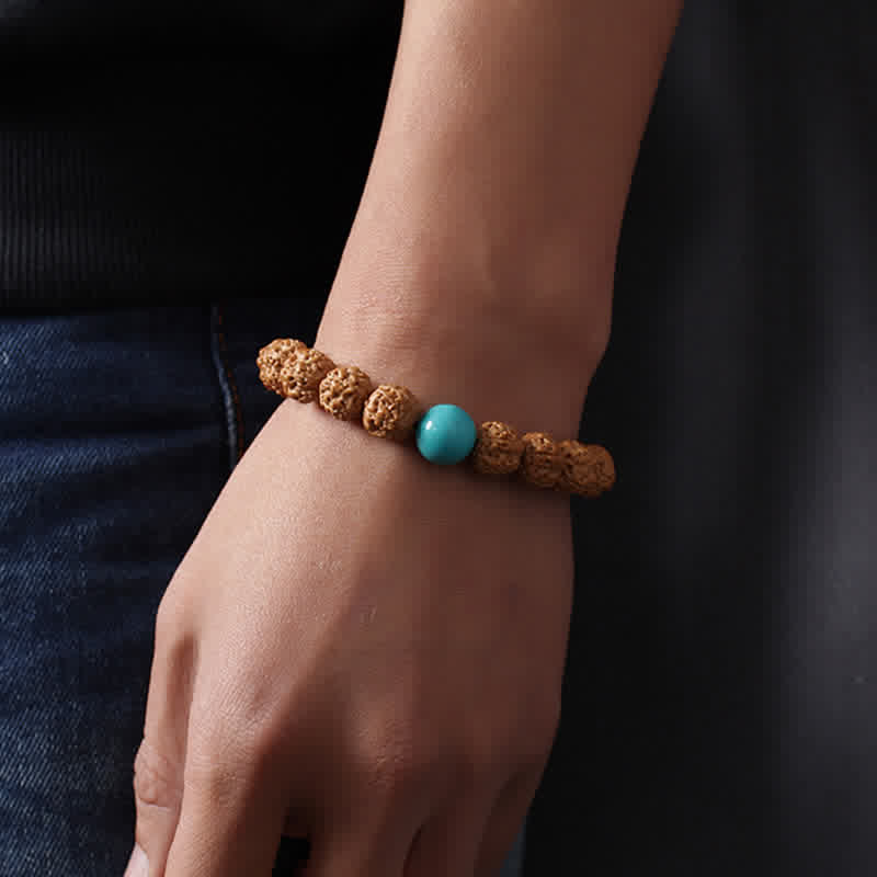 Tibet Rudraksha Bodhi Seed Dzi Bead Amber Turquoise Wealth Bracelet