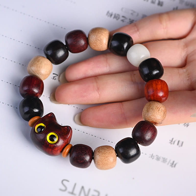Hand-Carved Cat Engraved Red Sandalwood and Ebony Wood Bracelet