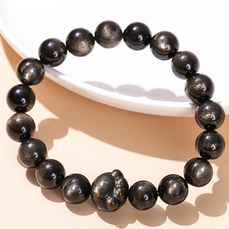 Natural Sheen Obsidian Beaded Cat Paw Charm Bracelet