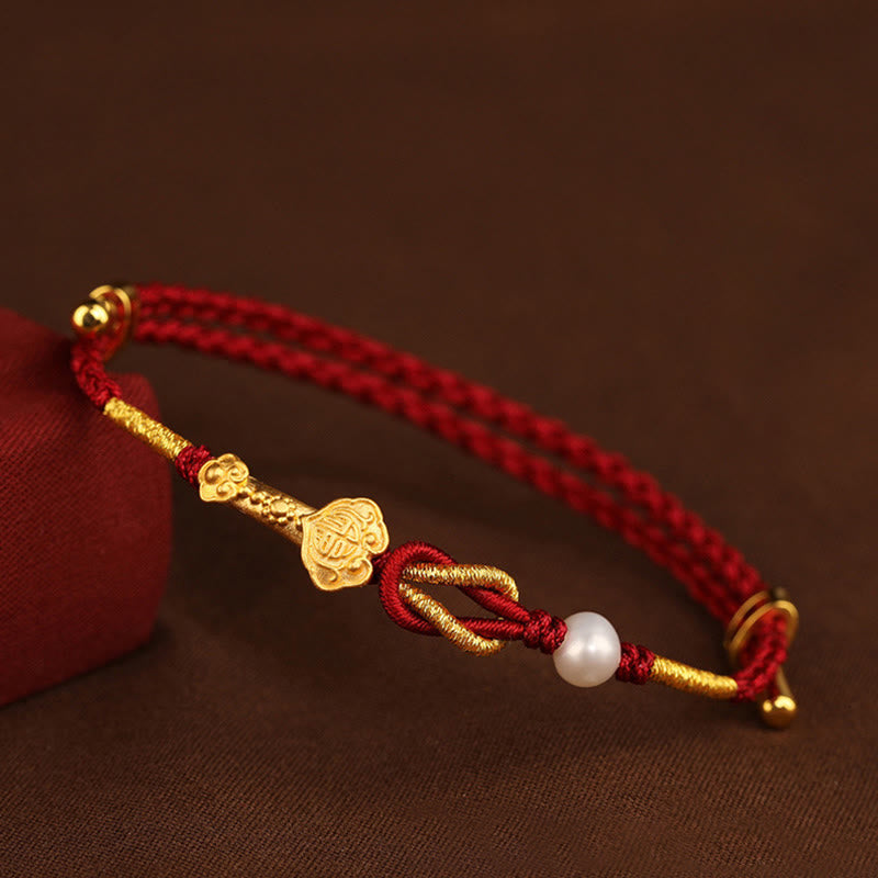 24K Gold Wish Ruyi Handle Fu Character Rabbit Pearl Luck Braided Bracelet