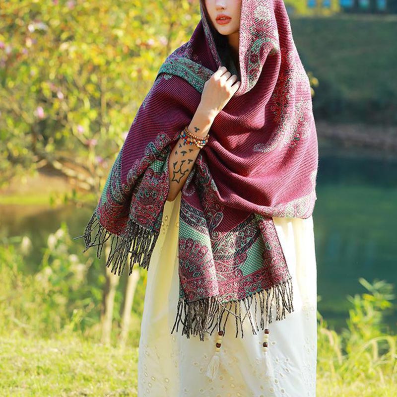 Tibetan Vine Leaves Pattern Design Shawl Cozy Travel Scarf Wrap
