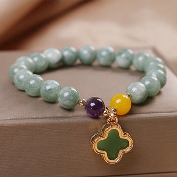 Handmade Natural Jade Four Leaf Clover Adjustable Bracelet