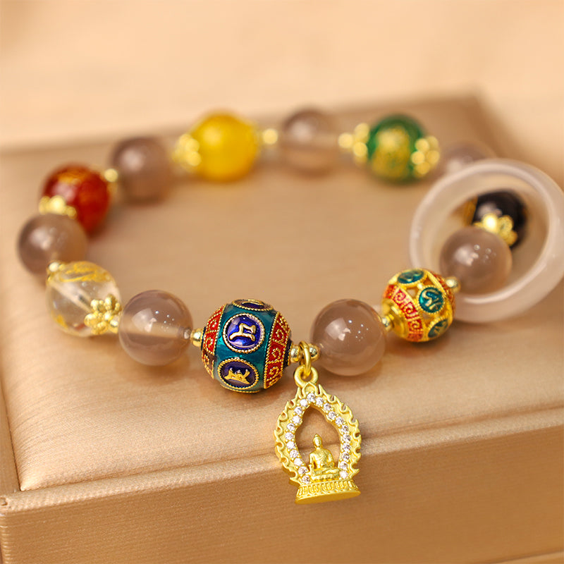 Natural Gray Agate Five Directions Gods of Wealth Om Mani Padme Hum Buddha Charm Bracelet