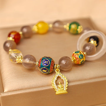 Natural Gray Agate Five Directions Gods of Wealth Om Mani Padme Hum Buddha Charm Bracelet