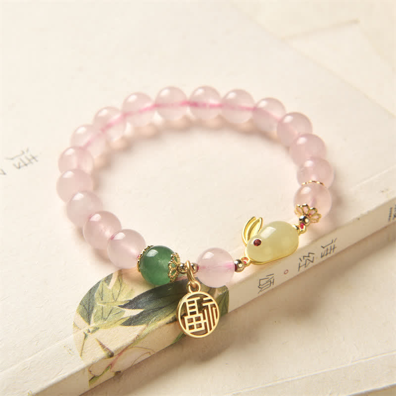 Natural Green Agate and Rose Quartz Rabbit Charm Beaded Bracelet