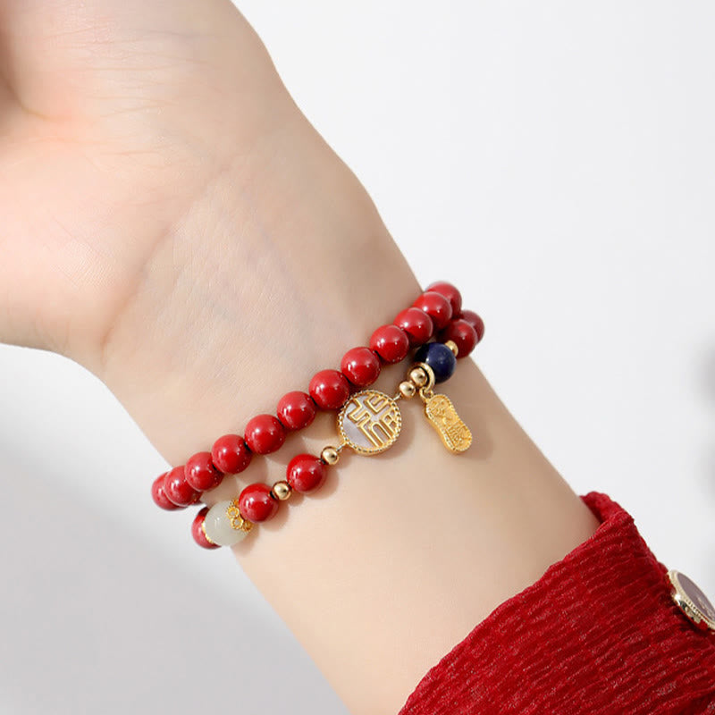 925 Sterling Silver Cinnabar Tridacna Stone Fu Character Double Wrap Blessing Bracelet