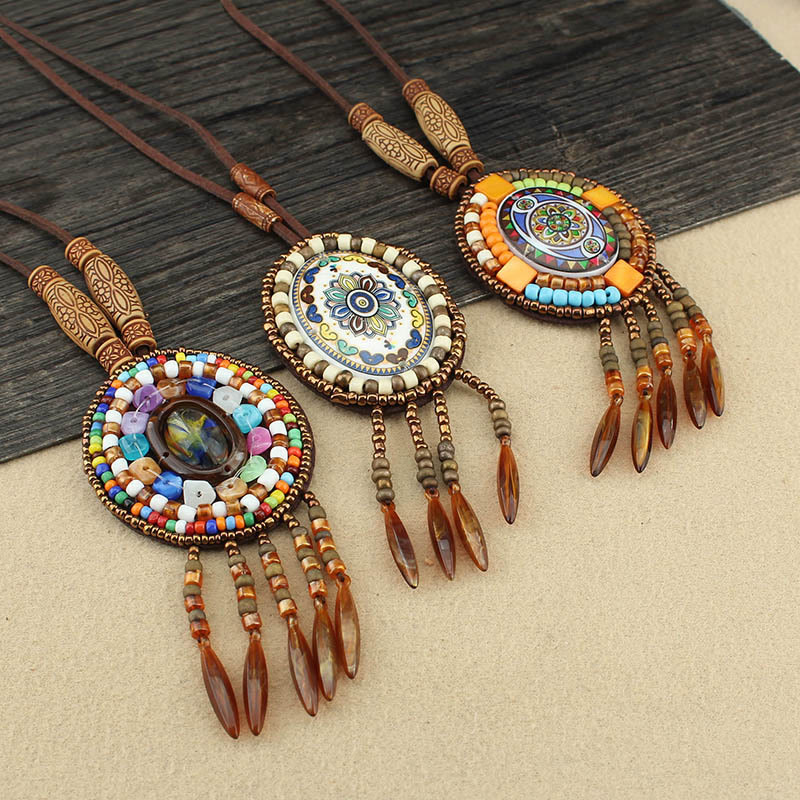 Mandala Pattern Geometric Creativity Pendant Necklace with Colorful Beads