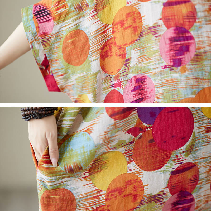 Orange Blue Colorful Polka Dots Midi Dress Cotton Half Sleeve Dress With Pockets
