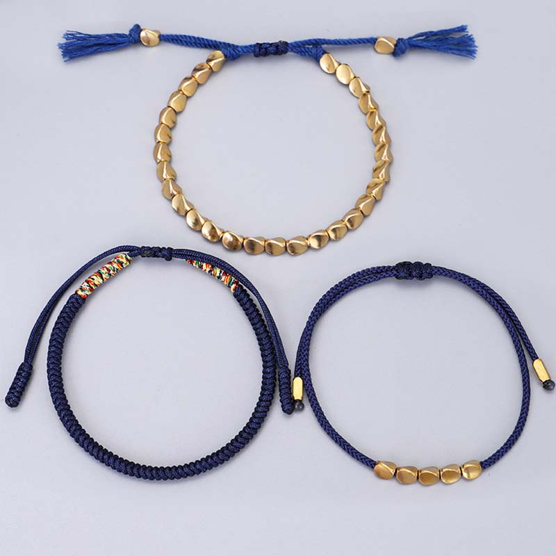 Handmade Tibetan Copper Beads & Endless Knot Woven Bracelet Set - 3 Pieces