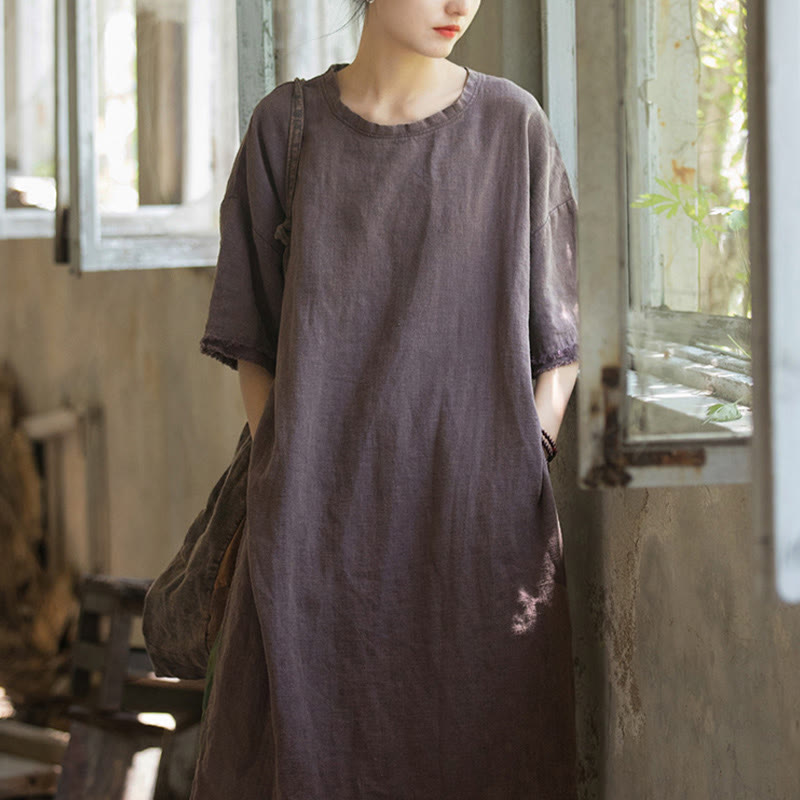 Mid Length Dress Ramie Linen Half Sleeve Split Hem Top T-Shirt