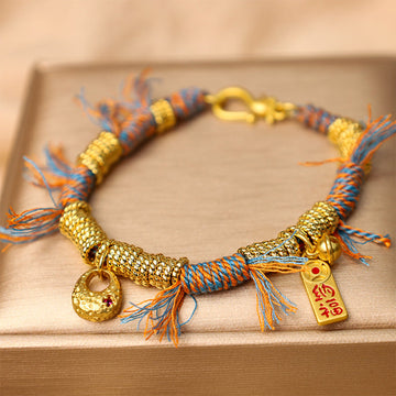 Handmade Tibetan Multicolored Rope Braid Bracelet with Red String & Copper