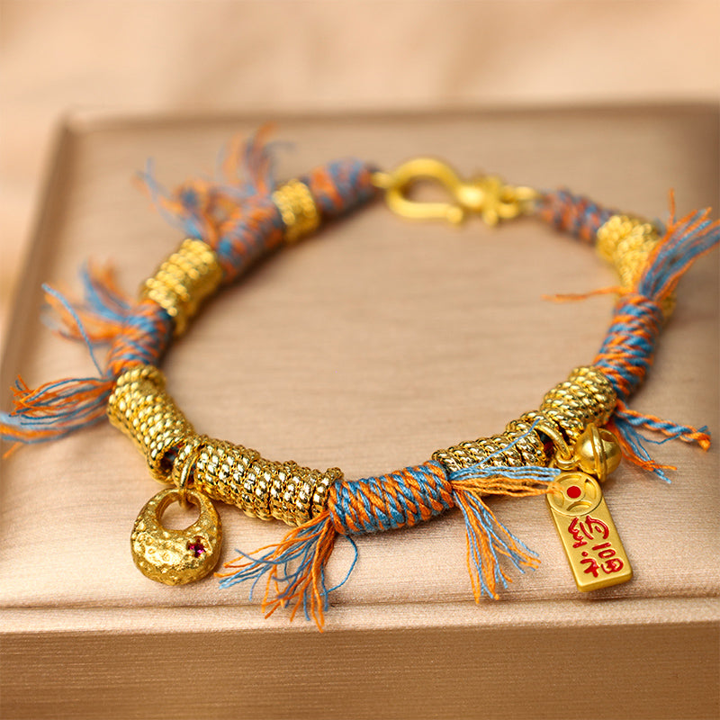 Handmade Tibetan Multicolored Rope Braid Bracelet with Red String & Copper