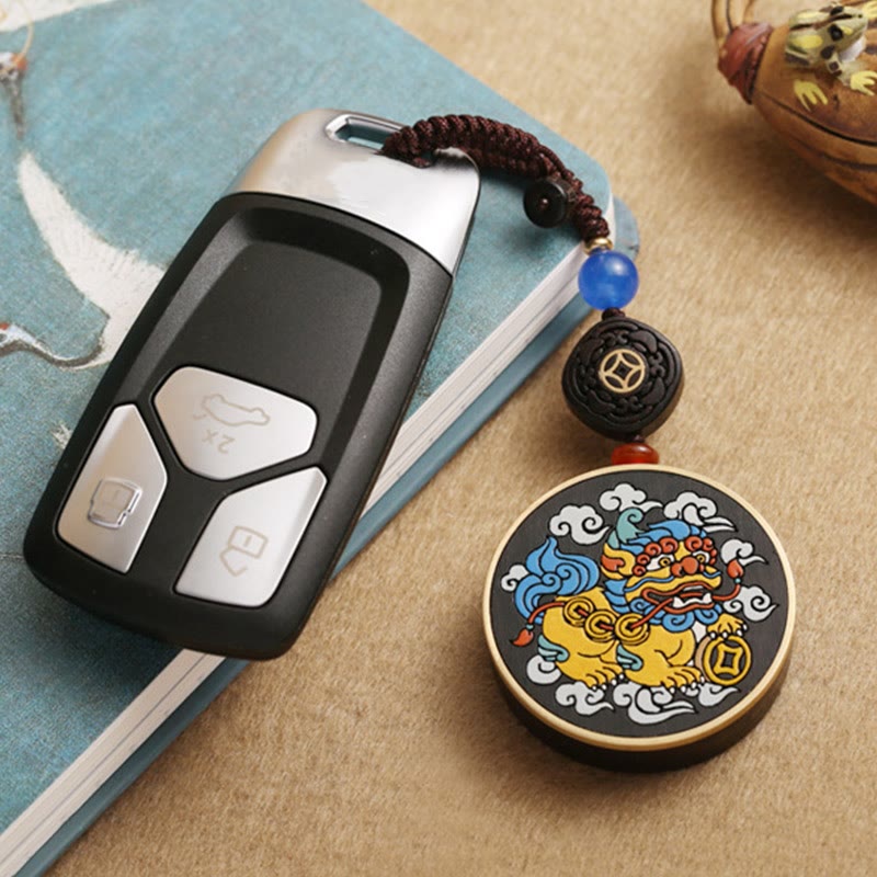 PiXiu Copper Coin Ebony Wood Luck Attract Wealth Key Chain Decoration
