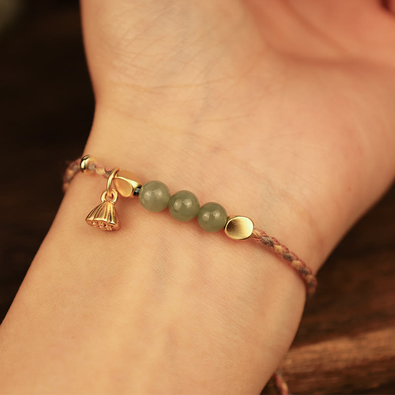 Handcrafted Hetian Jade Lotus Charm Luck Braided Bracelet