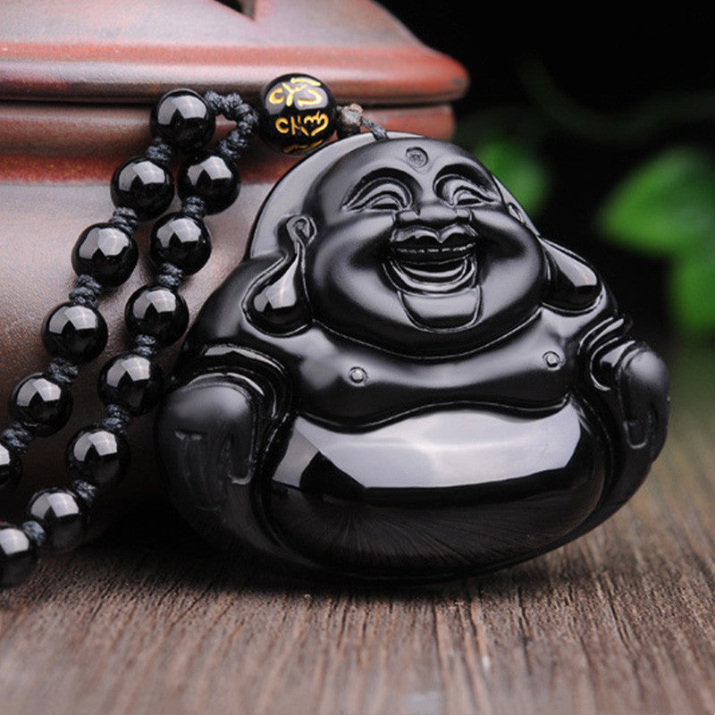 Laughing Buddha Black Obsidian Transformation Pendant Necklace