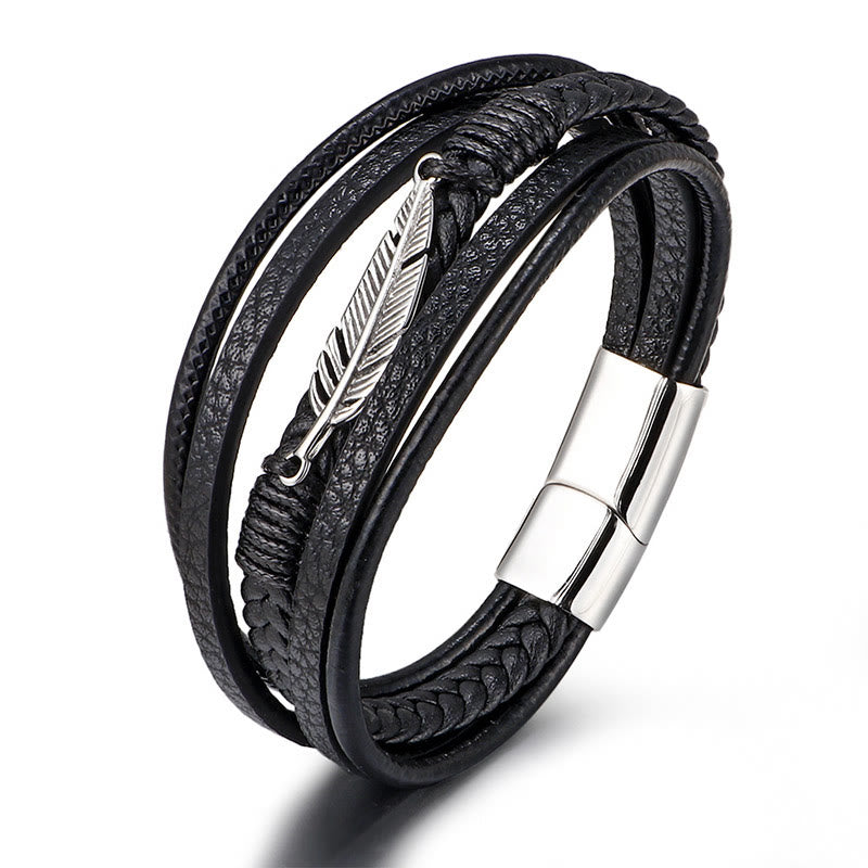 Feather Pattern Multilayer Leather Titanium Steel Calm Braided Magnetic Buckle Bracelet
