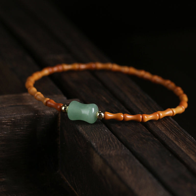 Natural Olive Pit Green Aventurine Bamboo Pattern Luck Bracelet